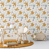 Beige Garden with Birds and Flowers Peel and Stick Wallpaper