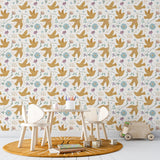 Beige Garden with Birds and Flowers Peel and Stick Wallpaper