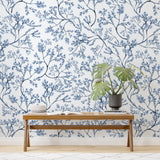 Blue Botanical Watercolor Chinoiserie Peel and Stick Wall Mural - CH003