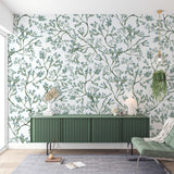 Green Botanical Watercolor Chinoiserie Peel and Stick Wall Mural - CH004