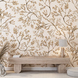 Beige Botanical Watercolor Chinoiserie Peel and Stick Wall Mural - CH005