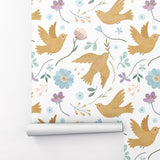 Beige Garden with Birds and Flowers Peel and Stick Wallpaper