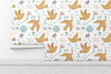 Beige Garden with Birds and Flowers Peel and Stick Wallpaper