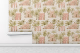 Watercolor Tropical Palm Tree and Architecture Peel and Stick Wallpaper