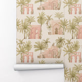 Watercolor Tropical Palm Tree and Architecture Peel and Stick Wallpaper