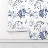 Sea Watercolor Coral Seaweed Navy Blue Peel and Stick Wallpaper