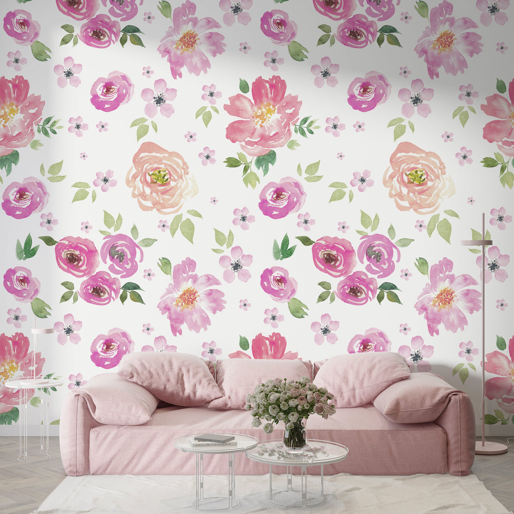 Pink Watercolor Flower Peel and Stick Wall Mural - FL010