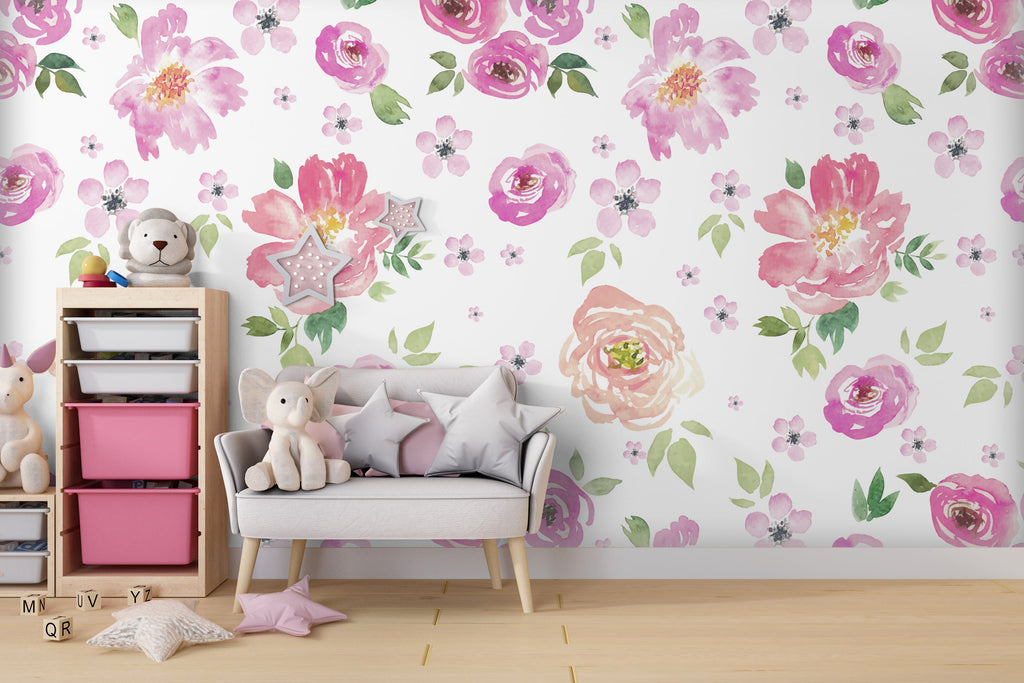 Pink Watercolor Flower Peel and Stick Wall Mural - FL010