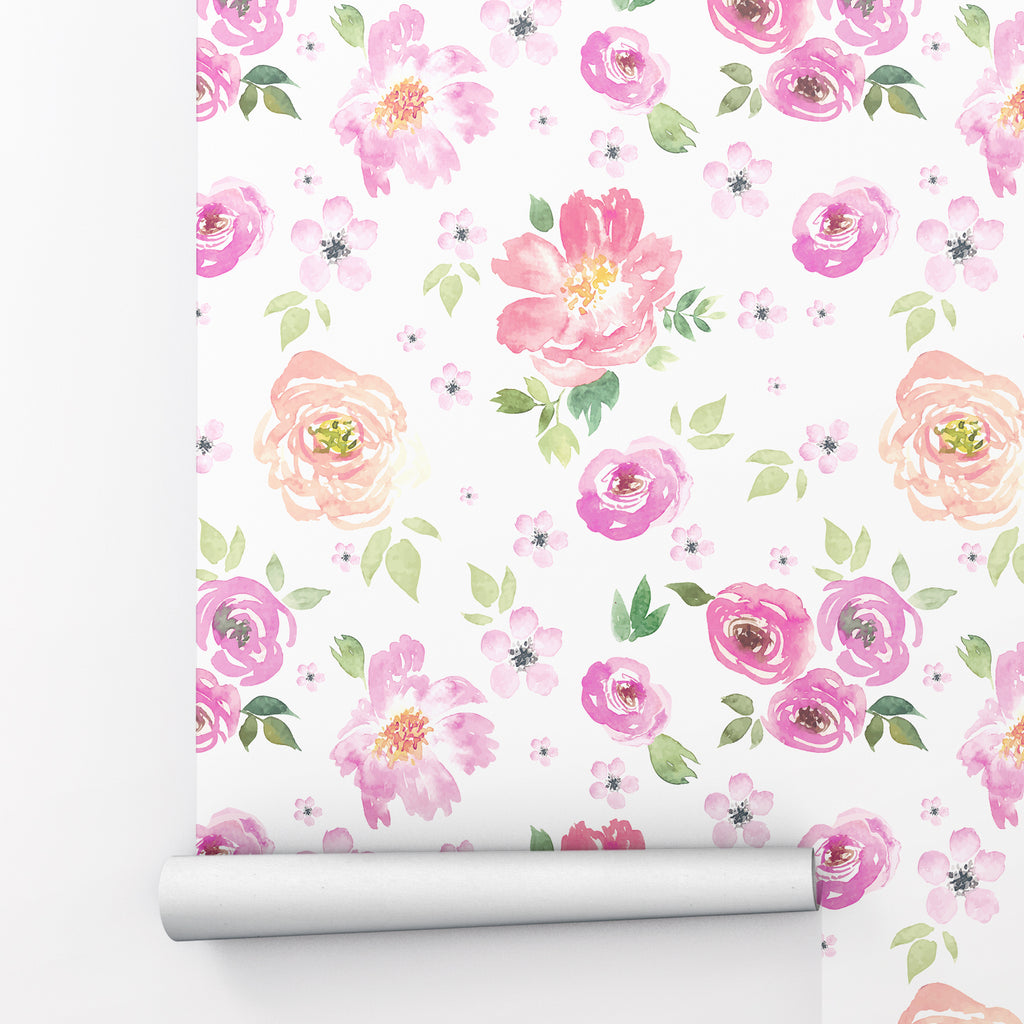 Pink Watercolor Flower Peel and Stick Wallpaper - FL011