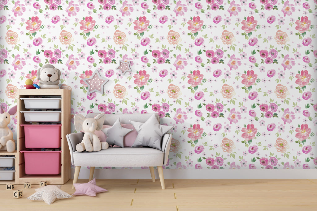 Pink Watercolor Flower Peel and Stick Wallpaper - FL011