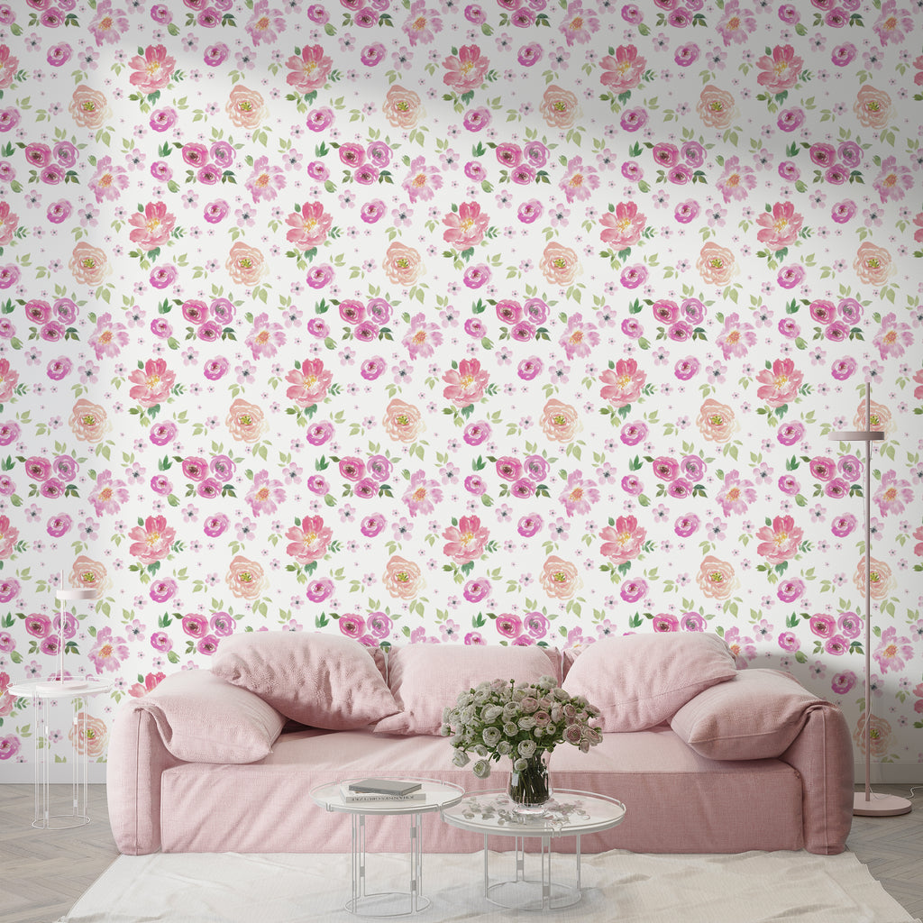 Pink Watercolor Flower Peel and Stick Wallpaper - FL011