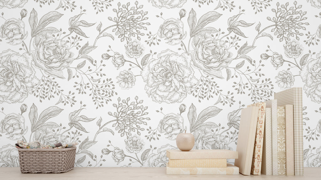 Black and White Minimal Floral Peel and Stick Wall Mural - FL029