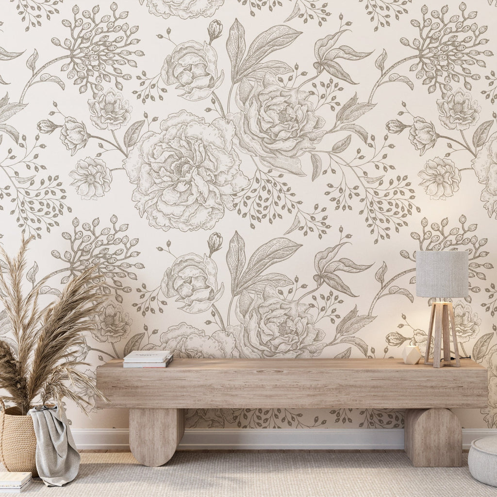Black and White Minimal Floral Peel and Stick Wall Mural - FL029