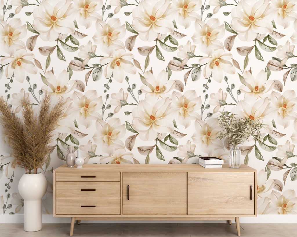 White Magnolia Blossom Flower Peel and Stick Wall Mural - FL031