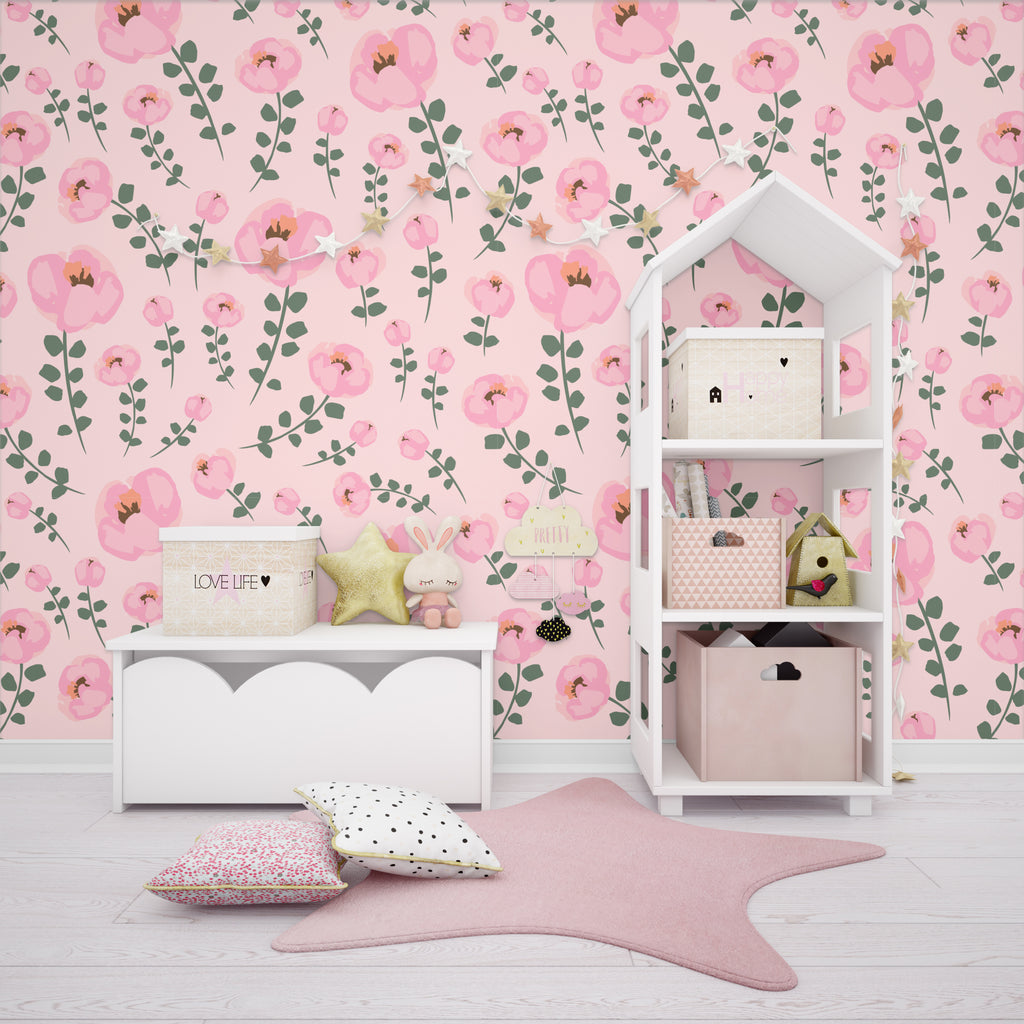 Pink Flowers Peel and Stick Wall Mural - FL033