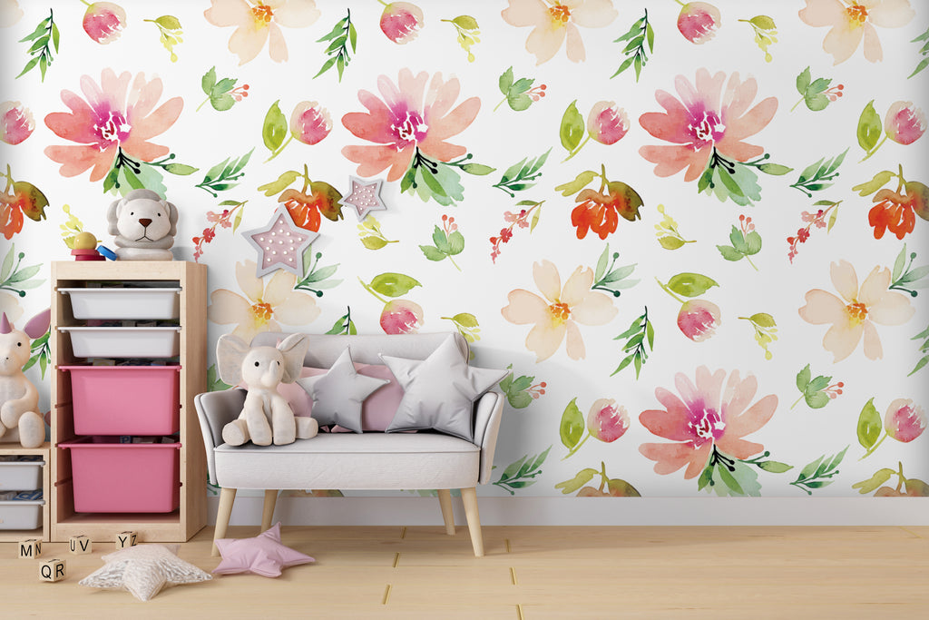Colorful Watercolor Flowers Peel and Stick Wall Mural - FL035