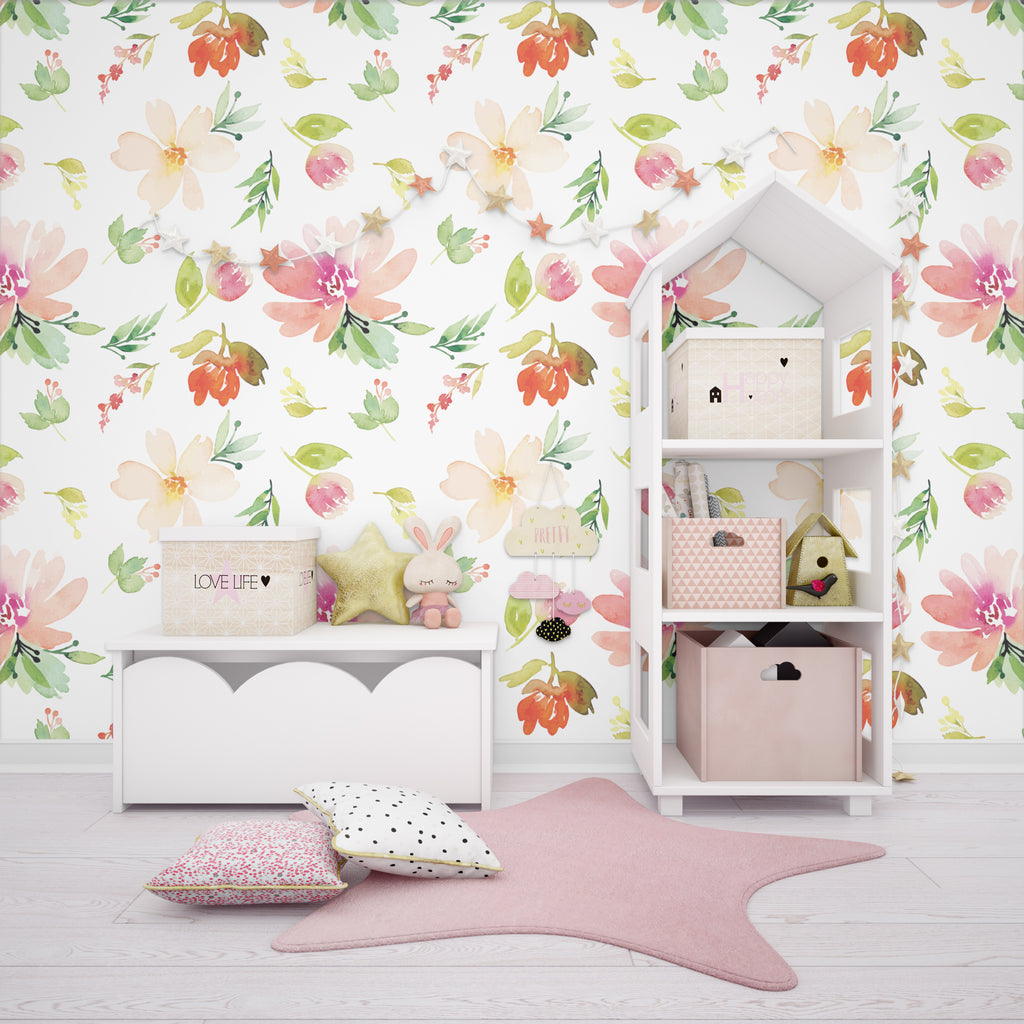 Colorful Watercolor Flowers Peel and Stick Wall Mural - FL035