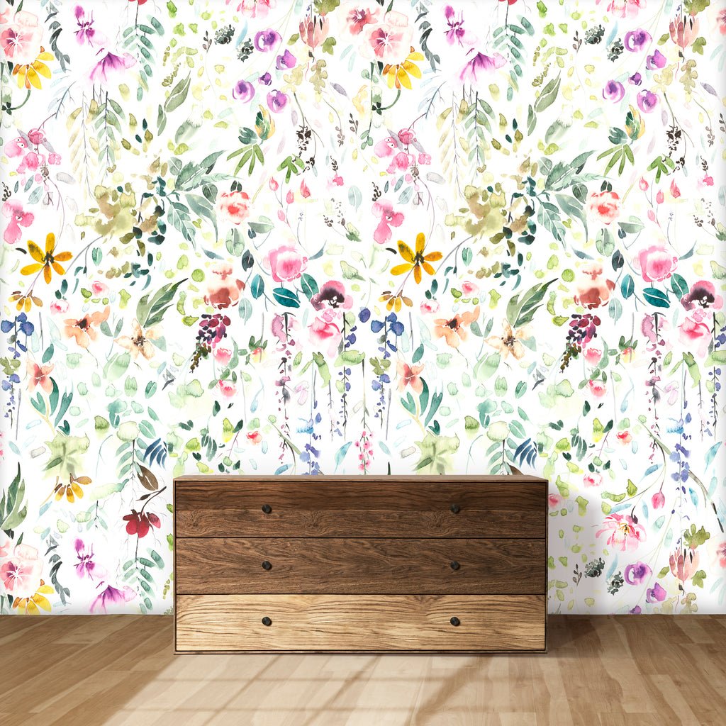 Watercolor Flowers and Leaves Peel and Stick Wall Mural - FL037