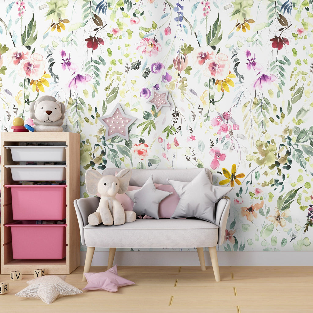 Watercolor Flowers and Leaves Peel and Stick Wall Mural - FL037
