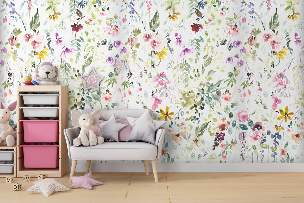 Watercolor Flowers and Leaves Peel and Stick Wall Mural - FL037