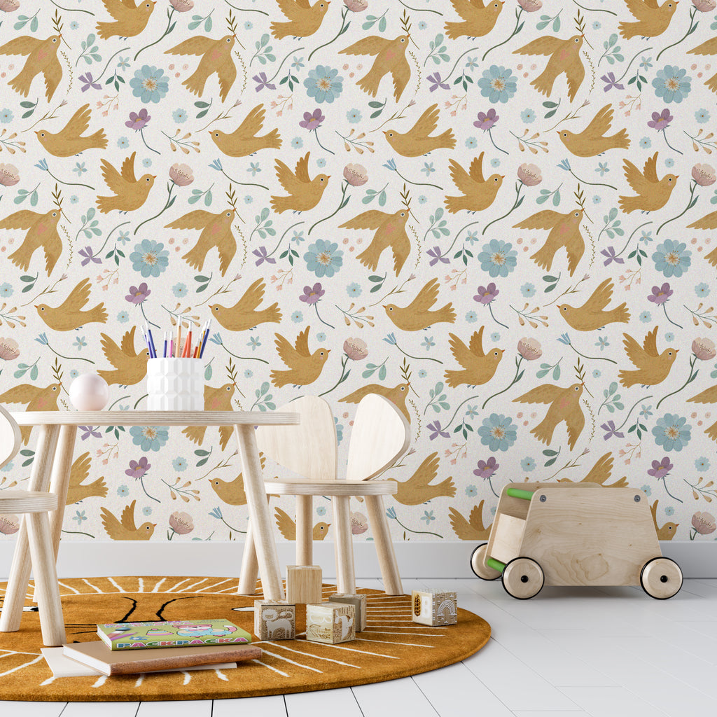 Beige Garden with Birds and Flowers Peel and Stick Wallpaper