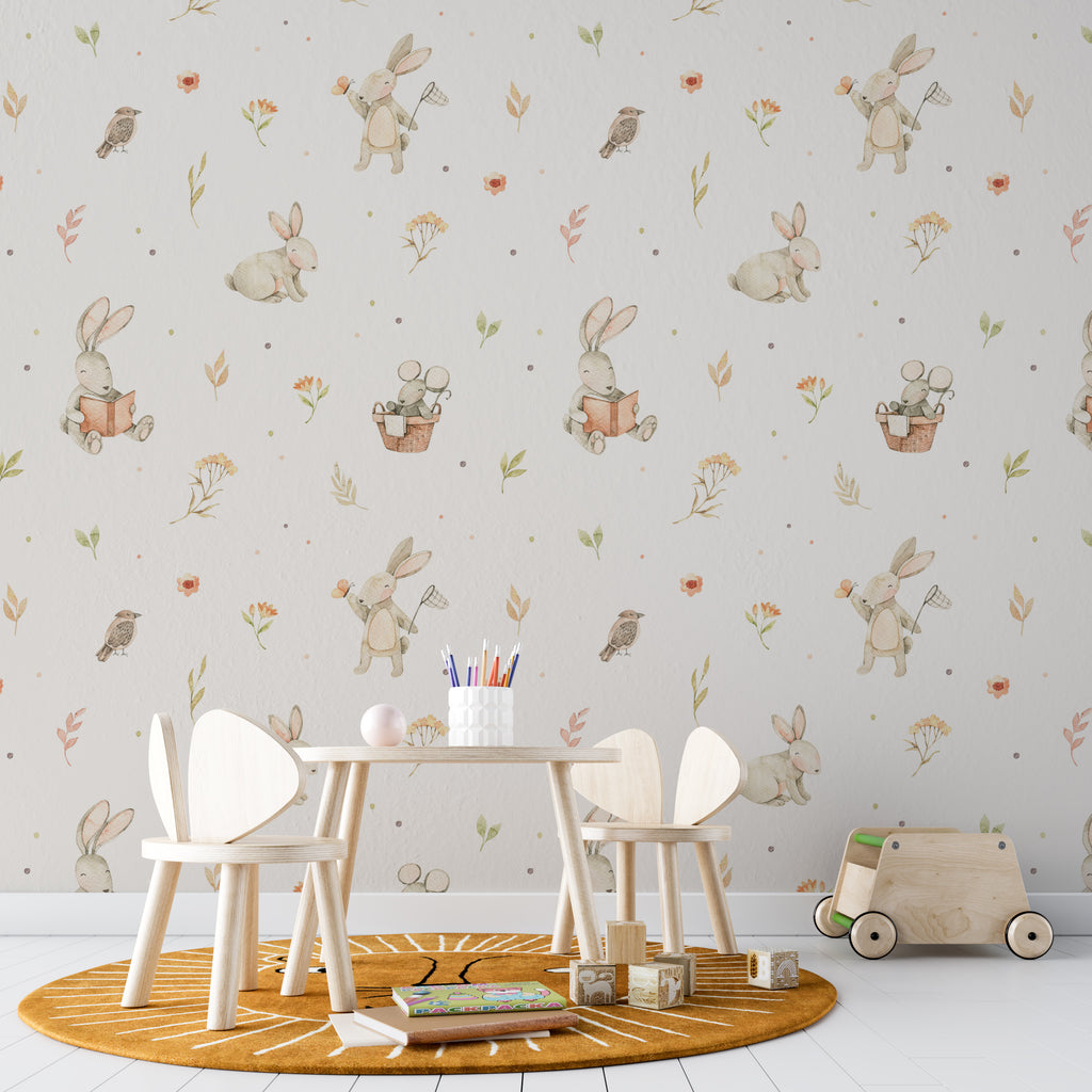 Watercolor Baby Bunnies Peel and Stick Wallpaper