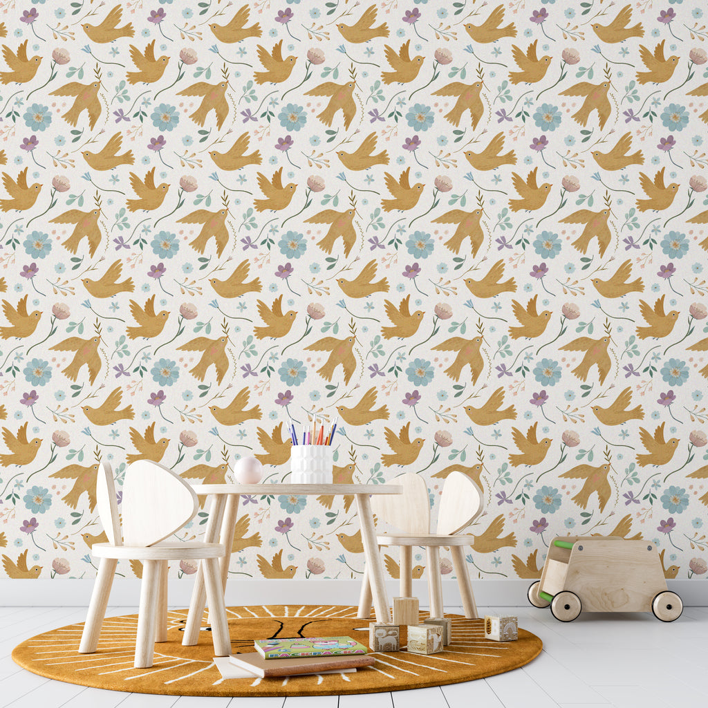 Beige Garden with Birds and Flowers Peel and Stick Wallpaper