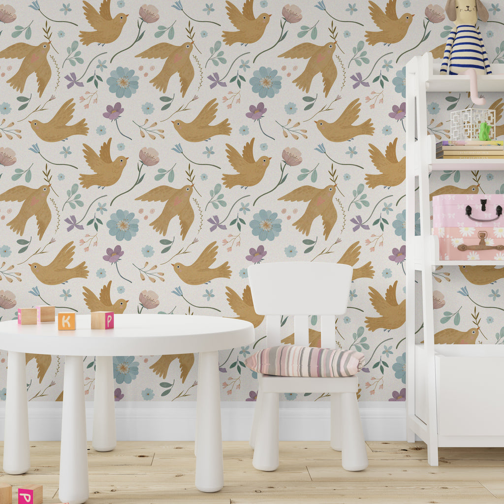Beige Garden with Birds and Flowers Peel and Stick Wallpaper
