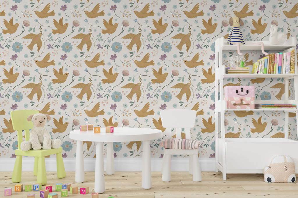 Beige Garden with Birds and Flowers Peel and Stick Wallpaper