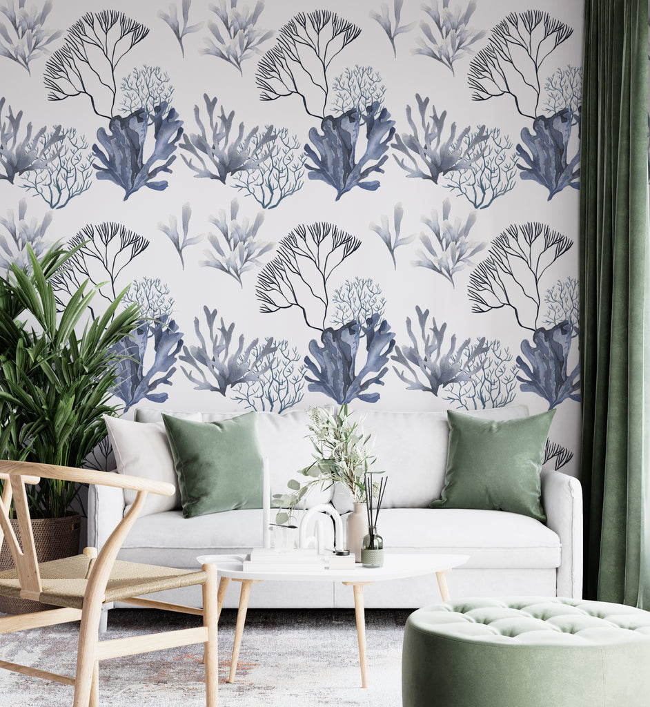 Sea Watercolor Coral Seaweed Navy Blue Peel and Stick Wallpaper