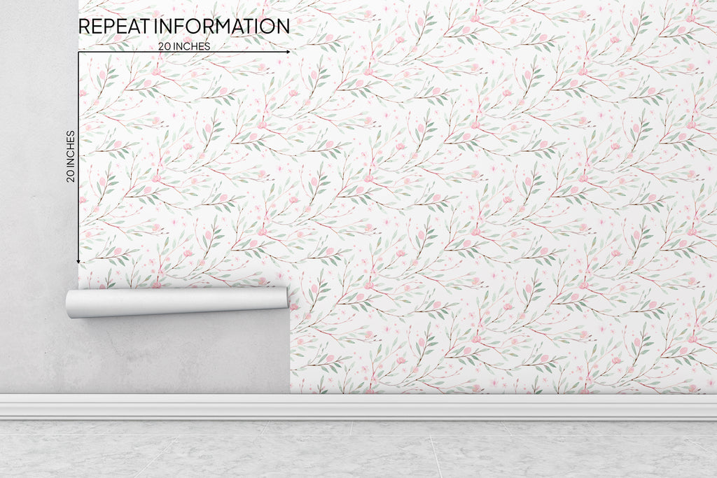 Blooming Branch with Green Leaves and Flowers Peel and Stick Wallpaper - FL1017