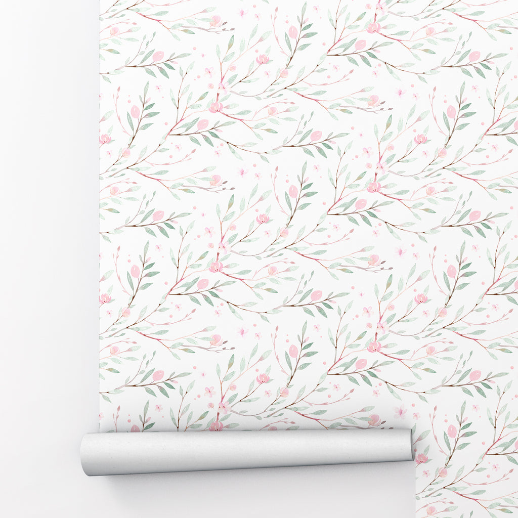 Blooming Branch with Green Leaves and Flowers Peel and Stick Wallpaper - FL1017