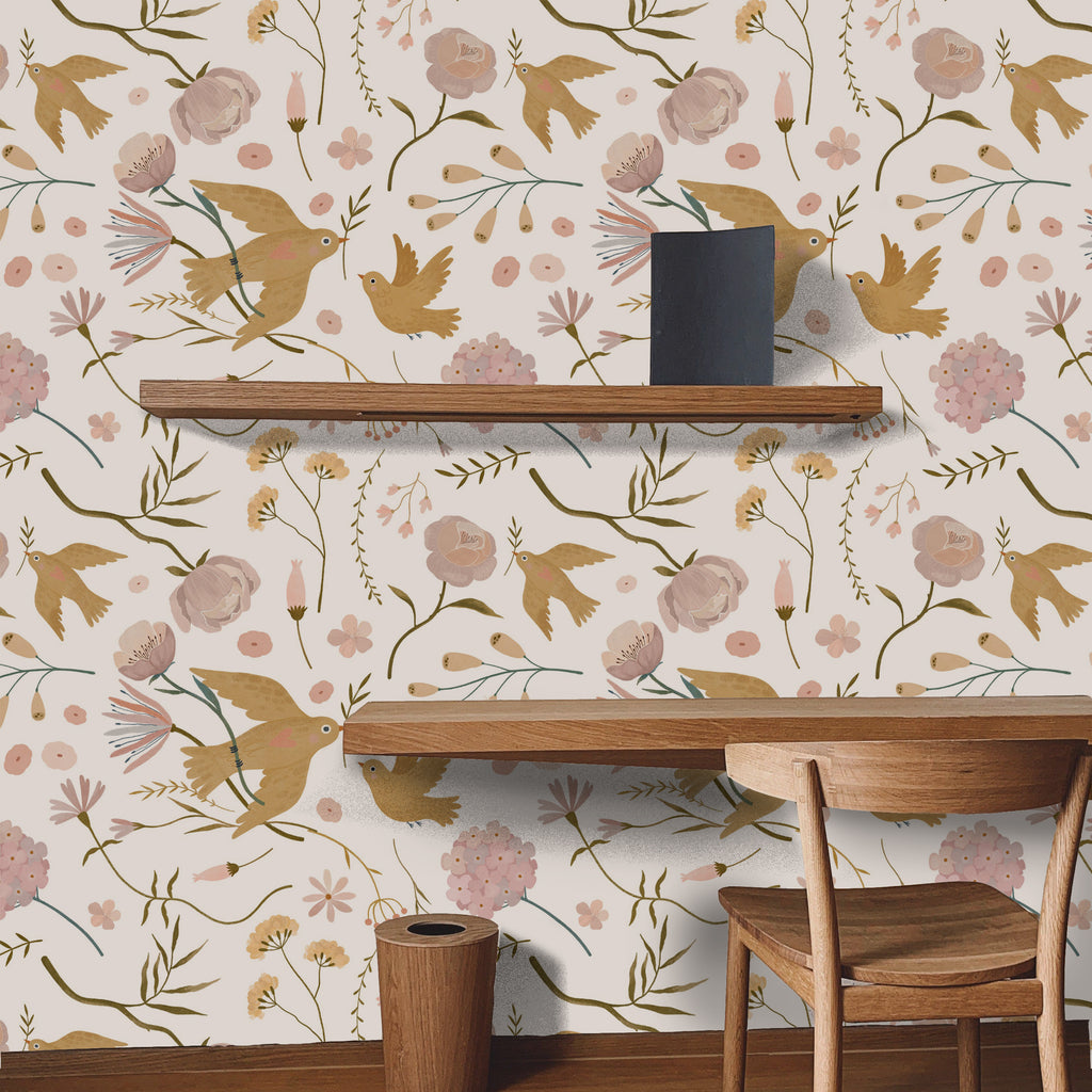 Boho Garden with Birds Flowers Peel and Stick Wallpaper