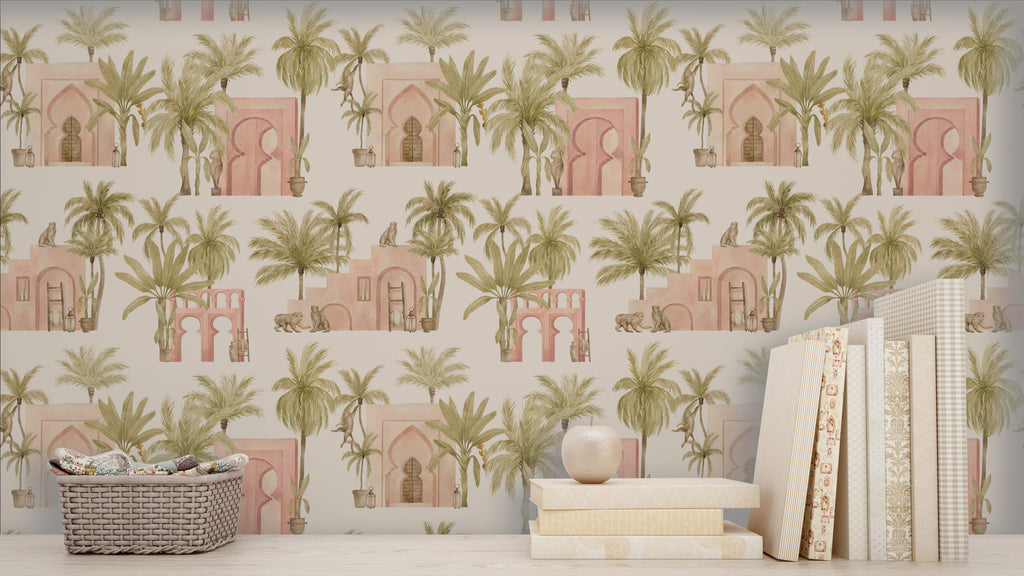 Watercolor Tropical Palm Tree and Architecture Peel and Stick Wallpaper