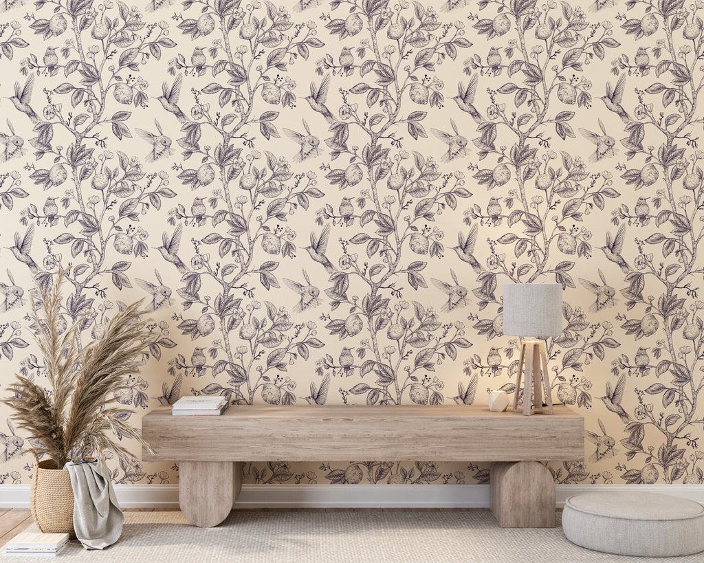 Hummingbirds and Flower Chinoiserie Peel and Stick Wallpaper - CH001