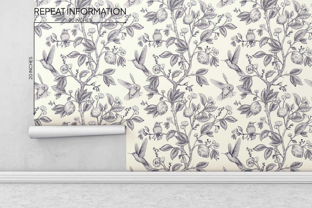 Hummingbirds and Flower Chinoiserie Peel and Stick Wallpaper - CH001