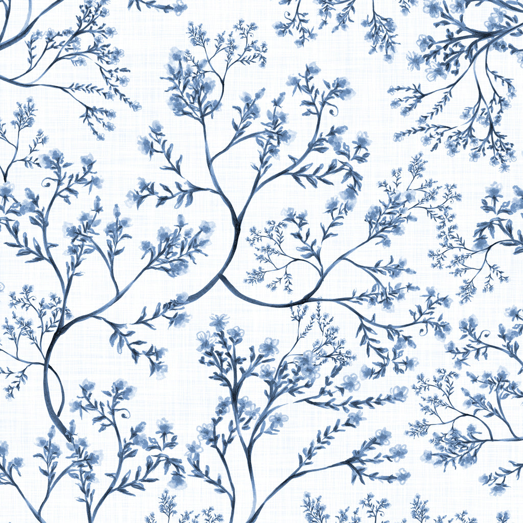 Blue Botanical Watercolor Chinoiserie Peel and Stick Wall Mural - CH003