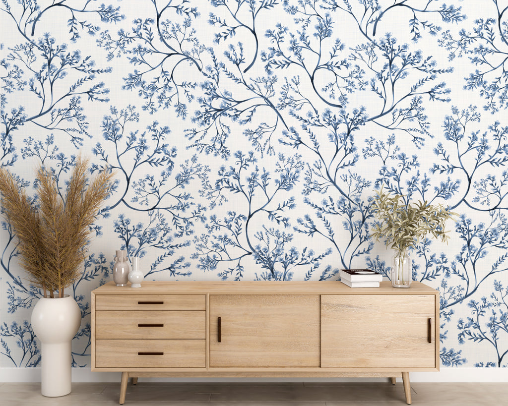 Blue Botanical Watercolor Chinoiserie Peel and Stick Wall Mural - CH003