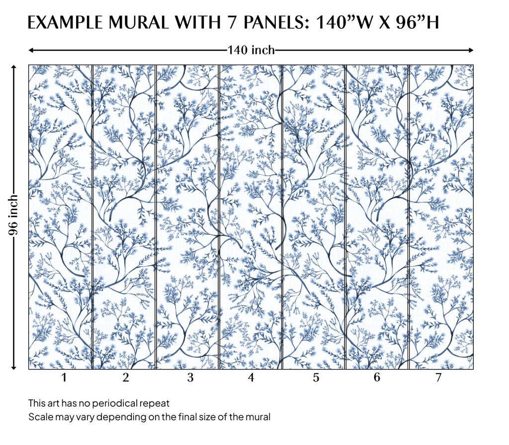 Blue Botanical Watercolor Chinoiserie Peel and Stick Wall Mural - CH003