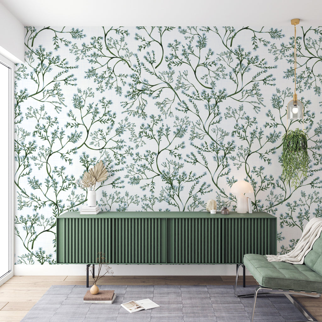 Green Botanical Watercolor Chinoiserie Peel and Stick Wall Mural - CH004