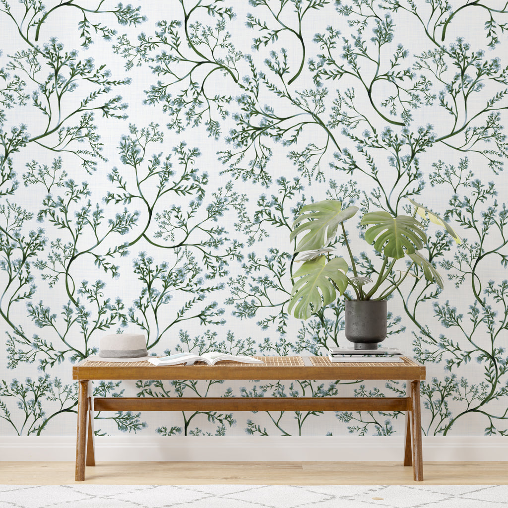Green Botanical Watercolor Chinoiserie Peel and Stick Wall Mural - CH004