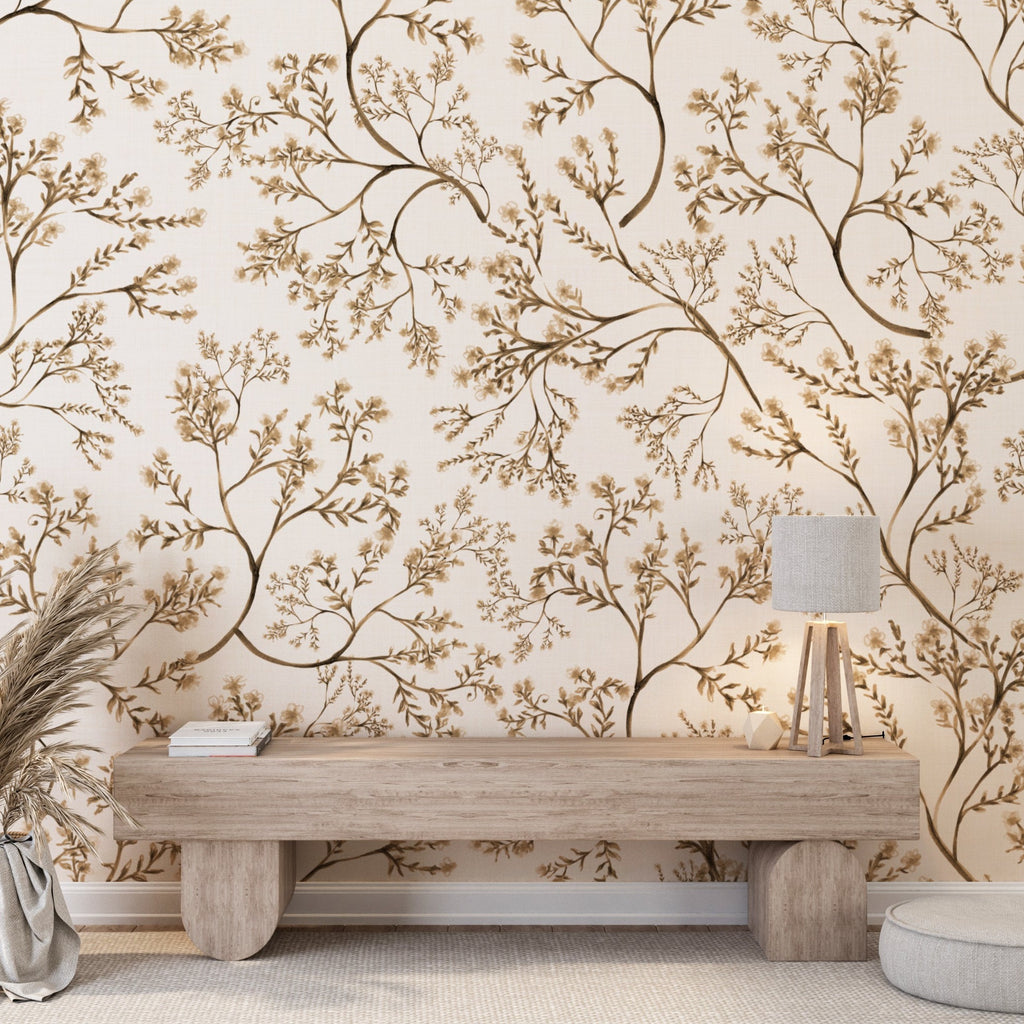 Beige Botanical Watercolor Chinoiserie Peel and Stick Wall Mural - CH005