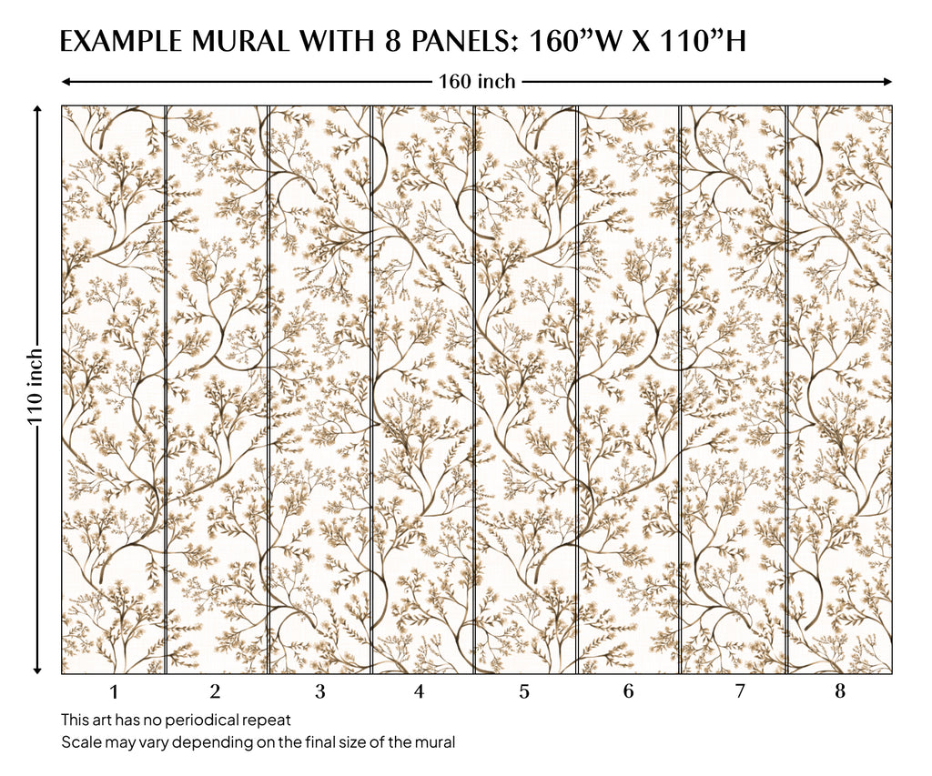 Beige Botanical Watercolor Chinoiserie Peel and Stick Wall Mural - CH005
