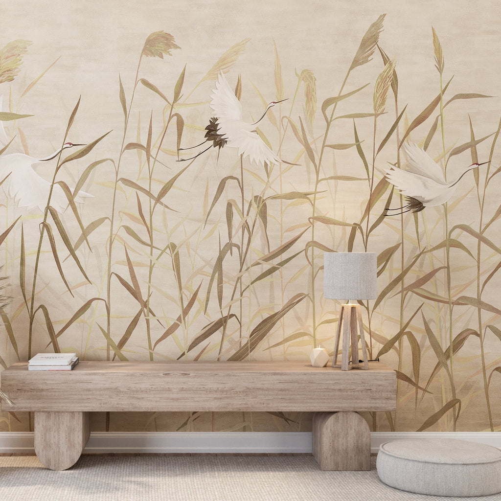 Chinoiserie Beige Reeds and Cranes Bird Peel and Stick Wall Mural - CH006