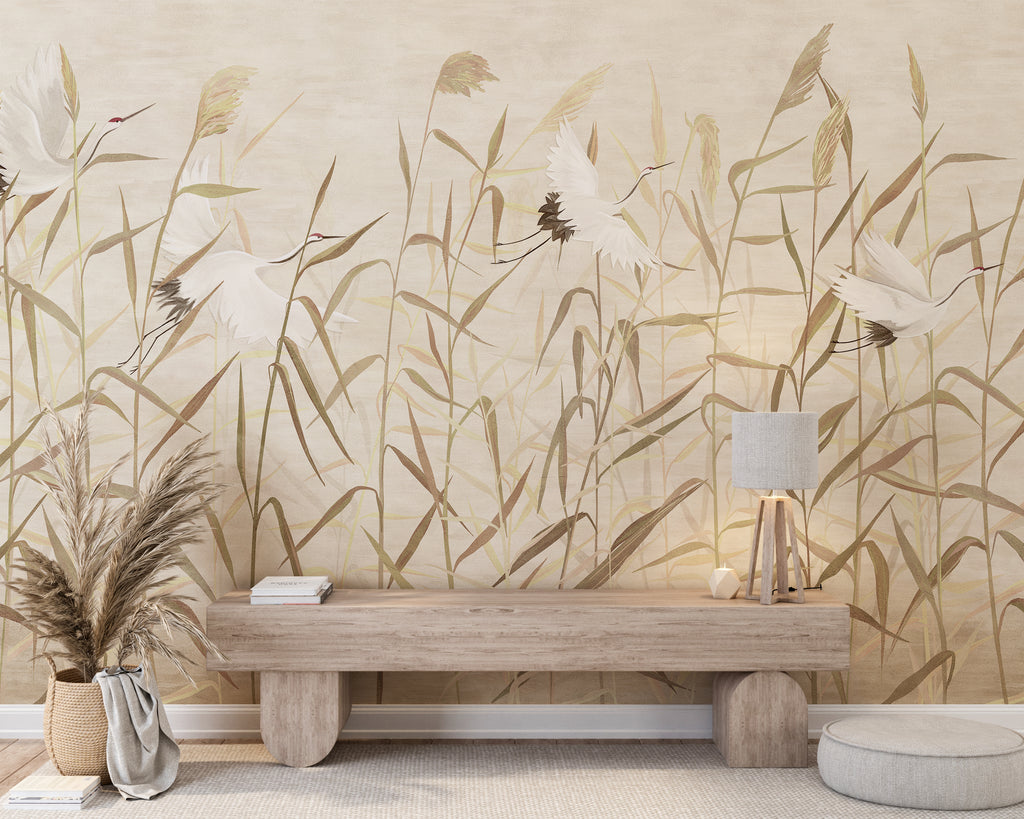 Chinoiserie Beige Reeds and Cranes Bird Peel and Stick Wall Mural - CH006