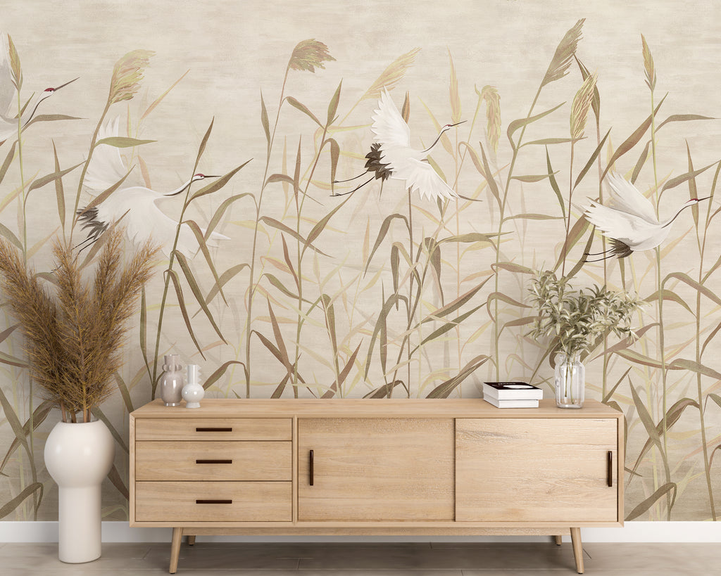 Chinoiserie Beige Reeds and Cranes Bird Peel and Stick Wall Mural - CH006