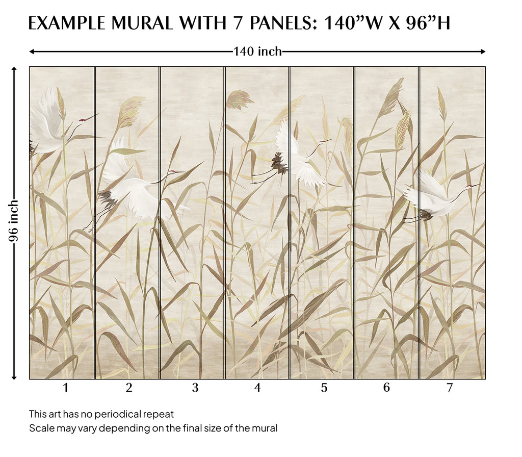 Chinoiserie Beige Reeds and Cranes Bird Peel and Stick Wall Mural - CH006