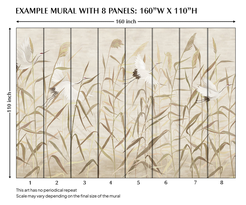 Chinoiserie Beige Reeds and Cranes Bird Peel and Stick Wall Mural - CH006