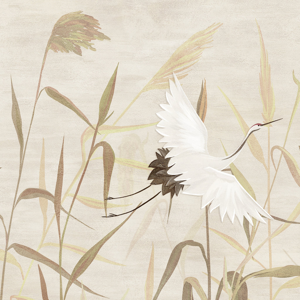 Chinoiserie Beige Reeds and Cranes Bird Peel and Stick Wall Mural - CH006