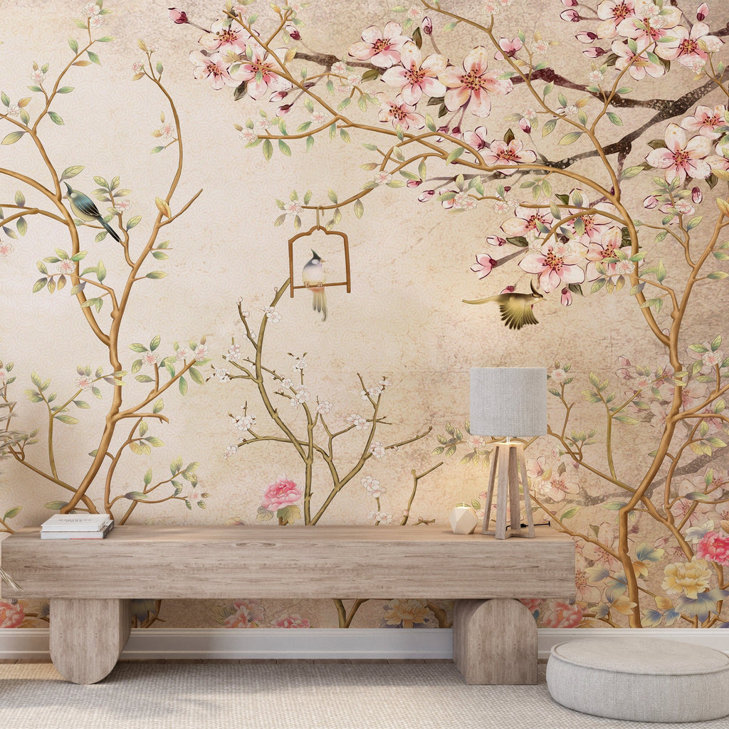 Beige Chinoiserie Magnolia Tree Branches and Birds Peel and Stick Wall Mural - CH007